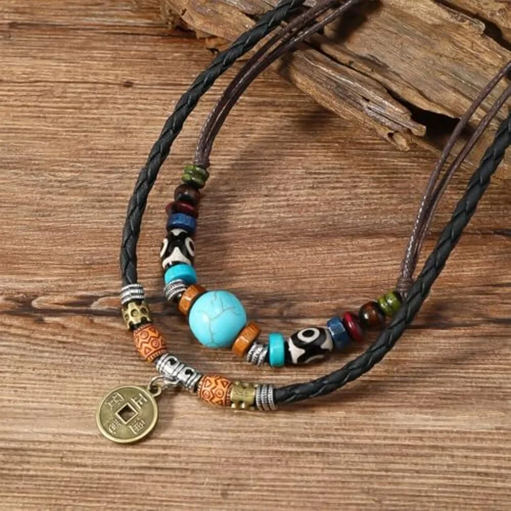 Layered Boho Wood Beads Choker Necklace Adjustable Hemp Cords Retro Fashion - Picture 3 of 8